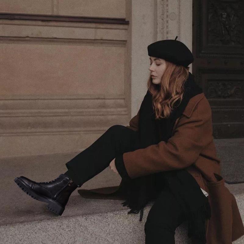 Full Cowhide ~ Women's Genuine Leather New Fleece-Lined Mid Platform Boots Slimming British Style Fried Street Ankle Boots
