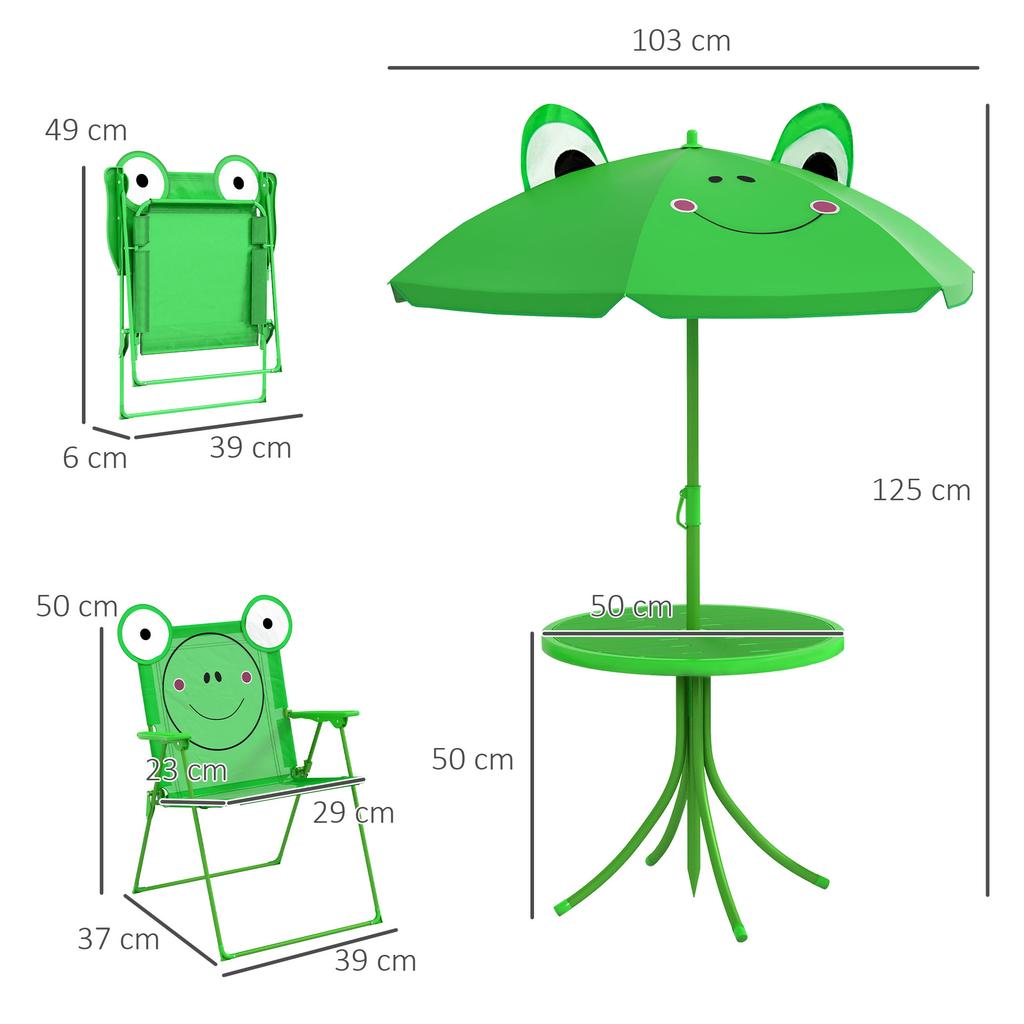 4-teiliges Gartensitzmöbel-Set für Kinder mit Froschmotiv - Runder Tisch + 2 Klappstühle + Sonnenschirm - Grün Oxford Epoxidbeschichtetes Metall