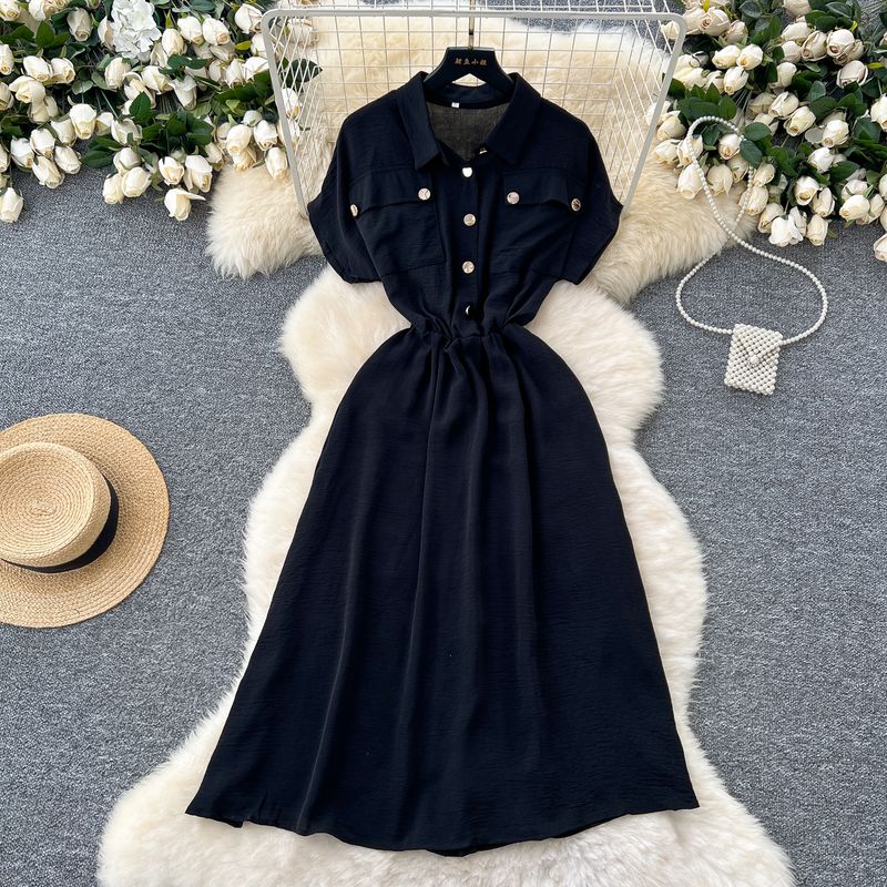 

Lightly Mature Minority Fashion Short Sleeve Dress Women s Loose Waist Trimming Casual Metal Buckle Thin over the Knee Shirtdress Black S
