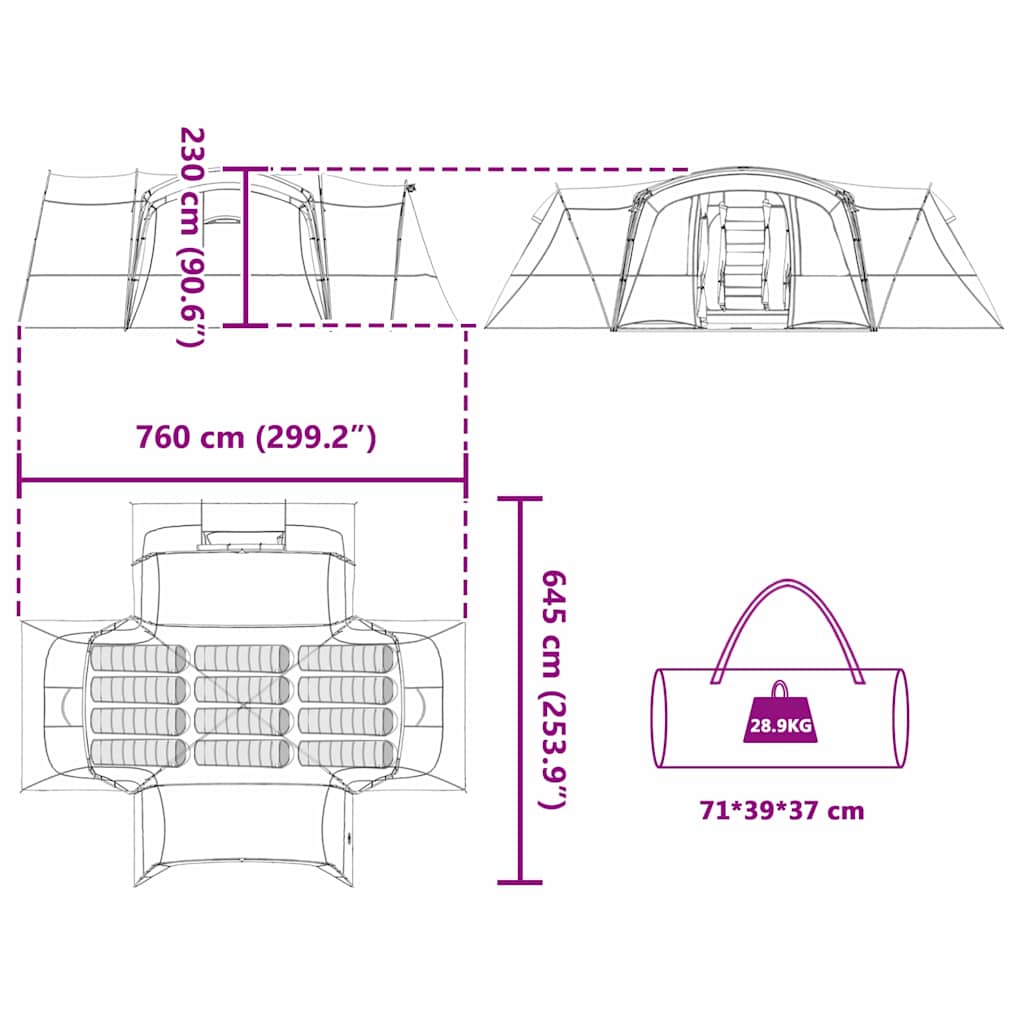 Family Tent for 12 Persons Green and White 760 x 645 x 230 cm
