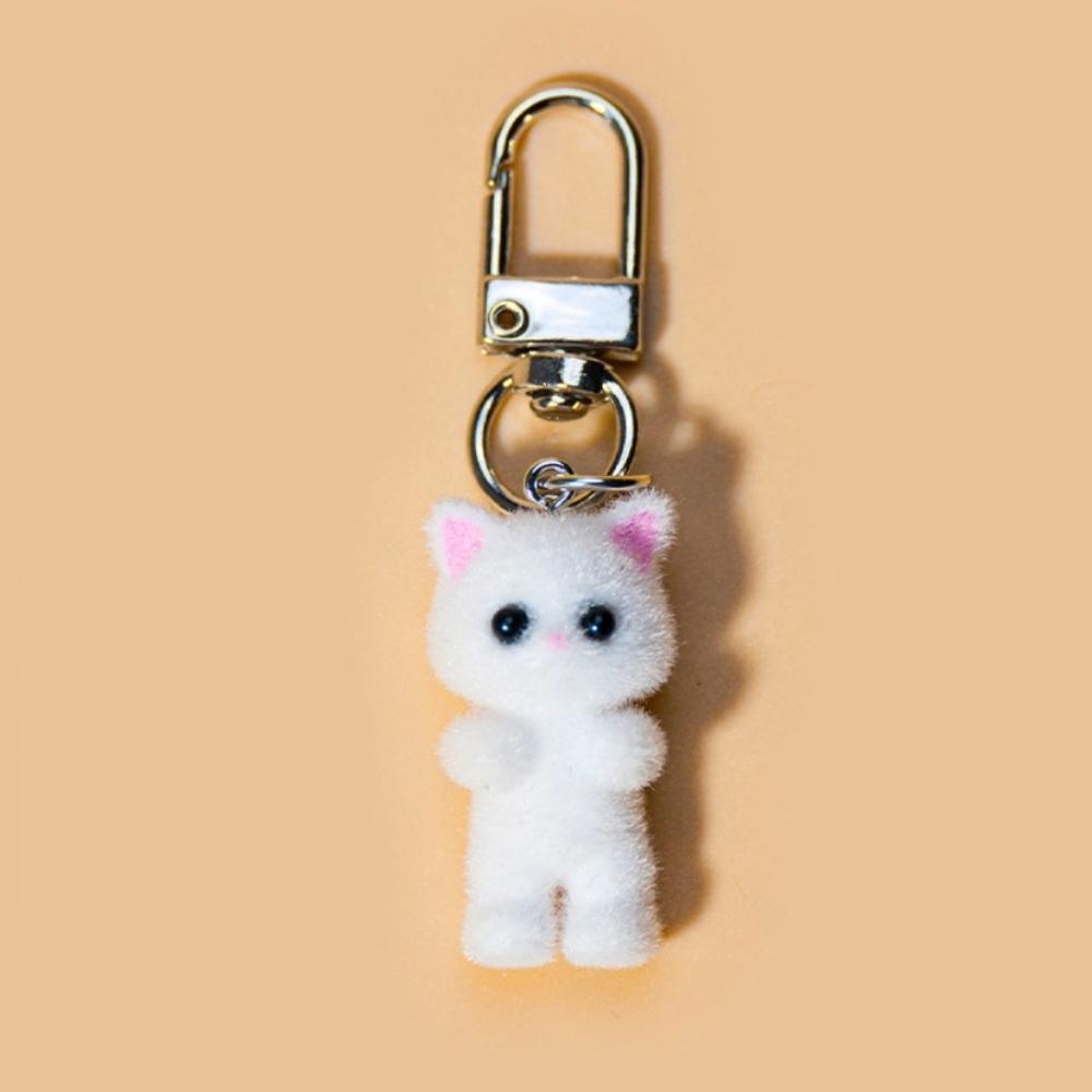 Cute 3D Flocking Kitten Keychain Simulation Animal Hobby Cartoon Doll Girl Keyring Car Bag Purse Phones Pendant Key Ring Gift
