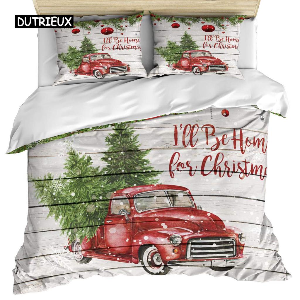 Christmas Comforter Cover Kit, Snowman with Santa Hat In The Garden with A Gift Box and Candle Cartoon Image Sturdy Polyester Sleep Bedding Kit