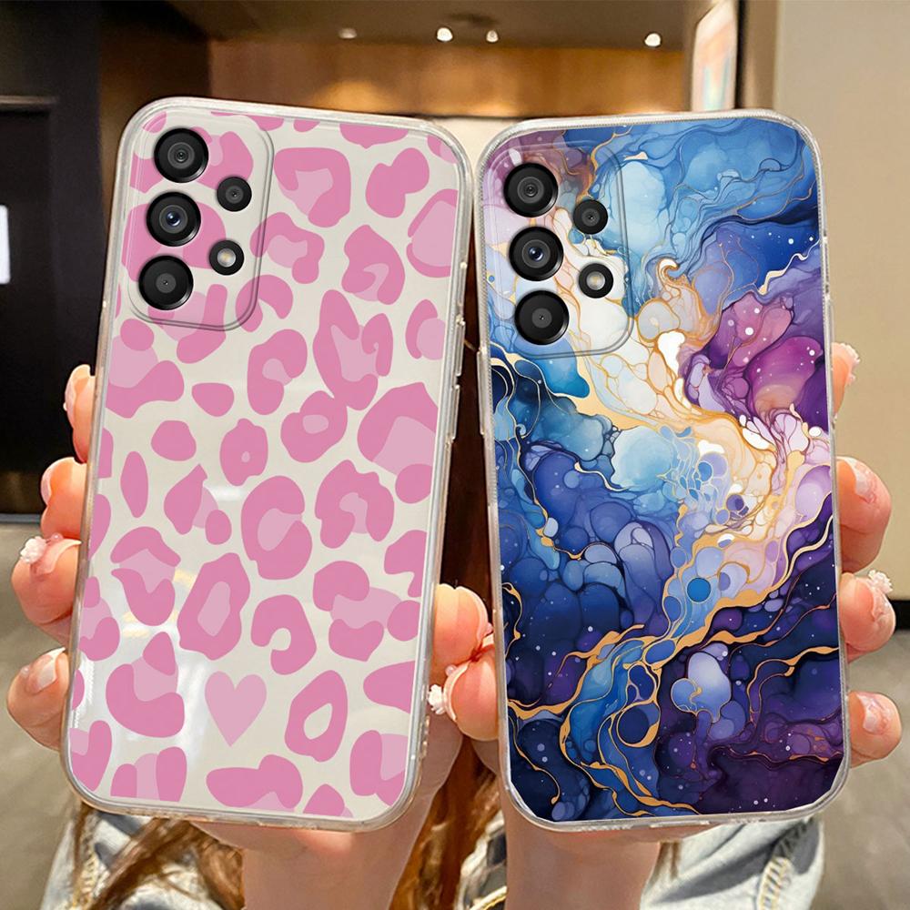 White Leopard Print Transparent Phone Case For Samsung A53 A33 A73 A23 A22 A21S A32 A52 A51 A71 Artistic Pink Marble Clear Cover
