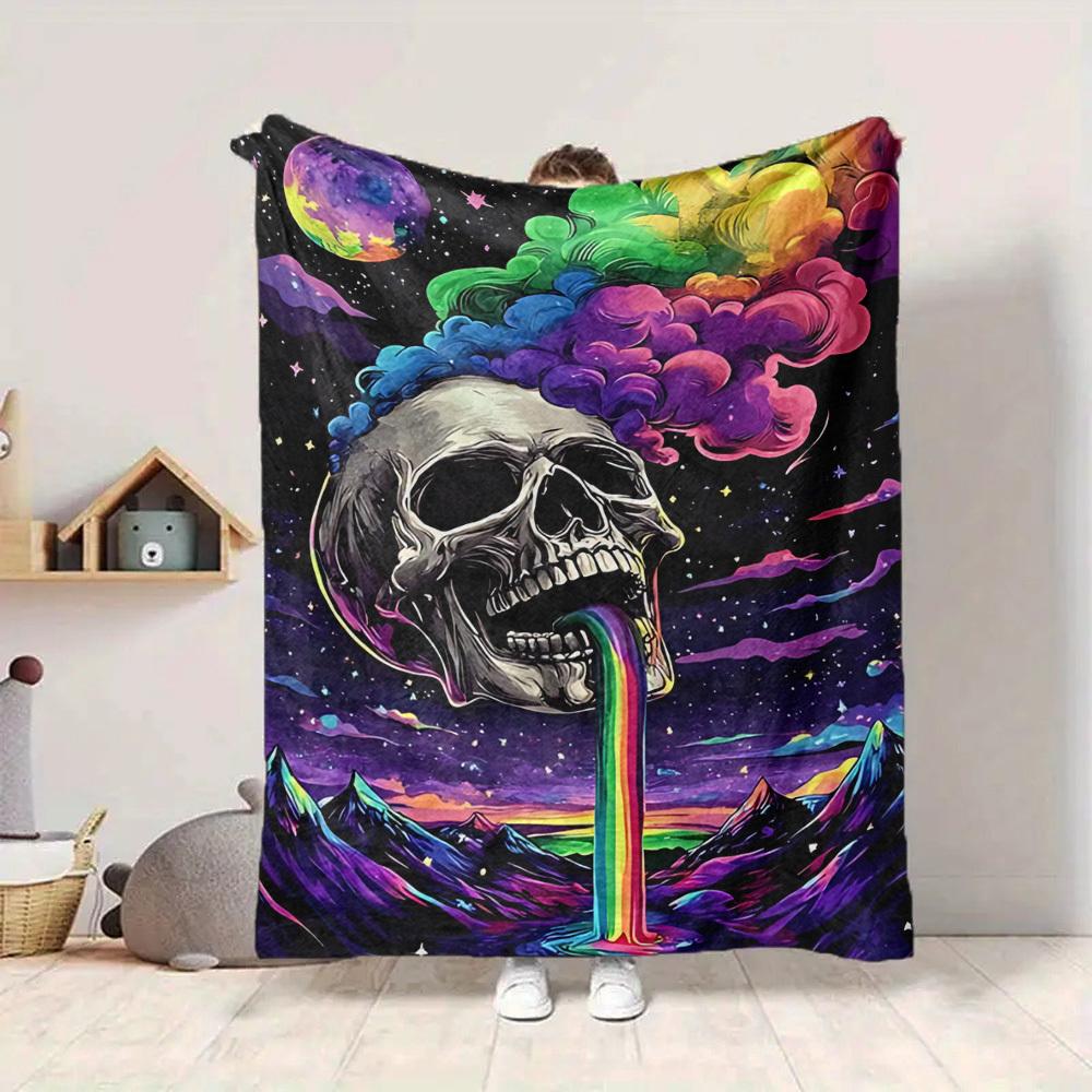 1pc Skull Rainbow Blanket, Lightweight Flannel Throw Blanket For Sofa, Bed, Travel221