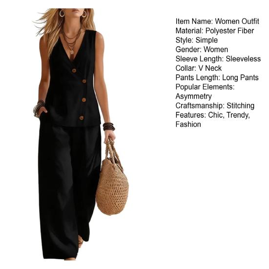 Women's Summer Sleeveless 2 Piece Outfits Button Down Tank Top And Wide Leg Pants Casual Loungewear Matching Sets