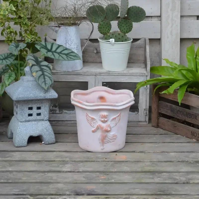 Pottery Clay Breathable with Drainage Holes Flower Pot Relief Home Furnishings Garden Plant Garden Supplies Personality Vases