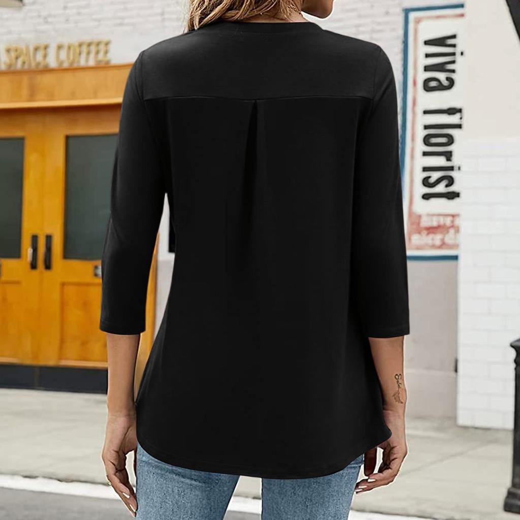 Damen Kragen V-Ausschnitt 3/4 Ärmel Hemden Business Casual Oberteile Locker Arbeit Blusen