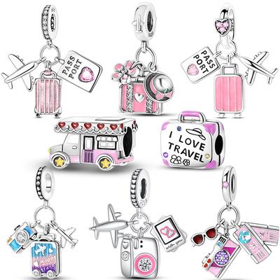 Pink Series Original Copper Charm Bead Travel Airplane Pendant Fit Original Bracelet Necklace For Women Diy Gift