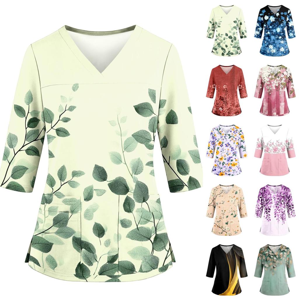 Women's Floral Print Scrub Top with V-Neck, Pockets, Side Slits and 3/4 Sleeves