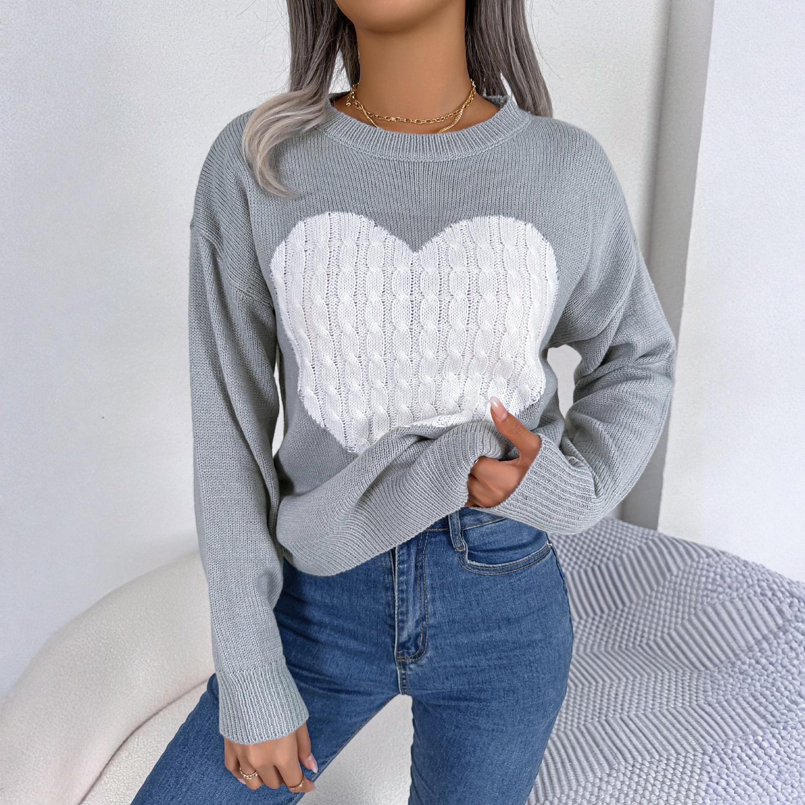 

Women s Fashionable Round Neck Long Sleeved Heart-shaped Color Blocked Pullover Sweater Casual Top L
