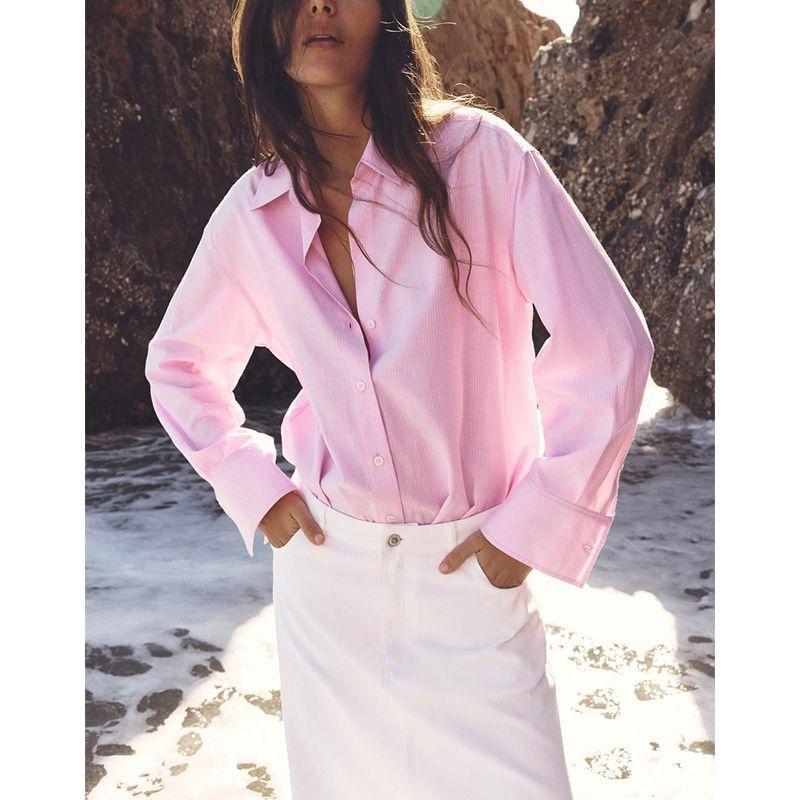 Spring and Summer Women's Clothing Asymmetric Hem Cotton Blend Long Sleeves Lapel Casual Oxford Shirt 8741049