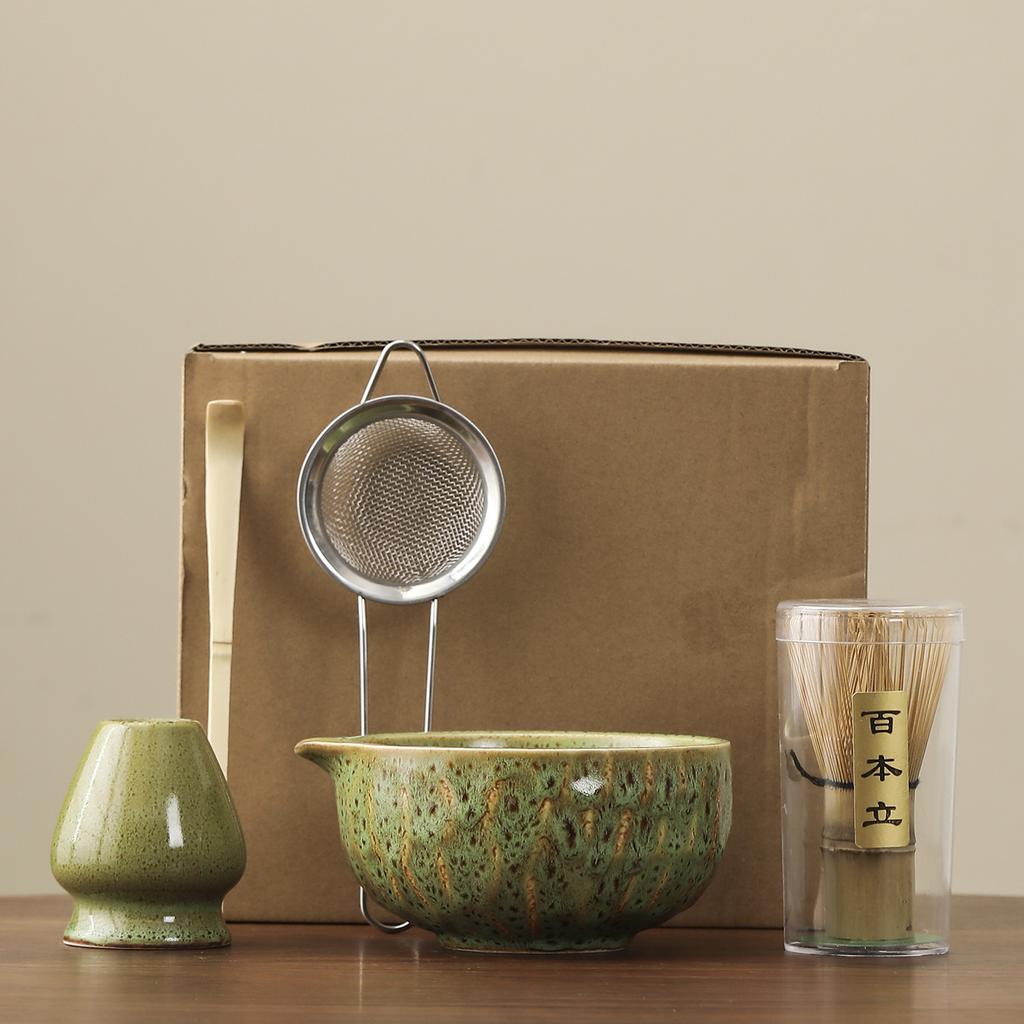 1set of Japanese matcha ceramic set, including kiln transformation matcha bowl, whisk, Hyakubon stand, matcha blender, gift