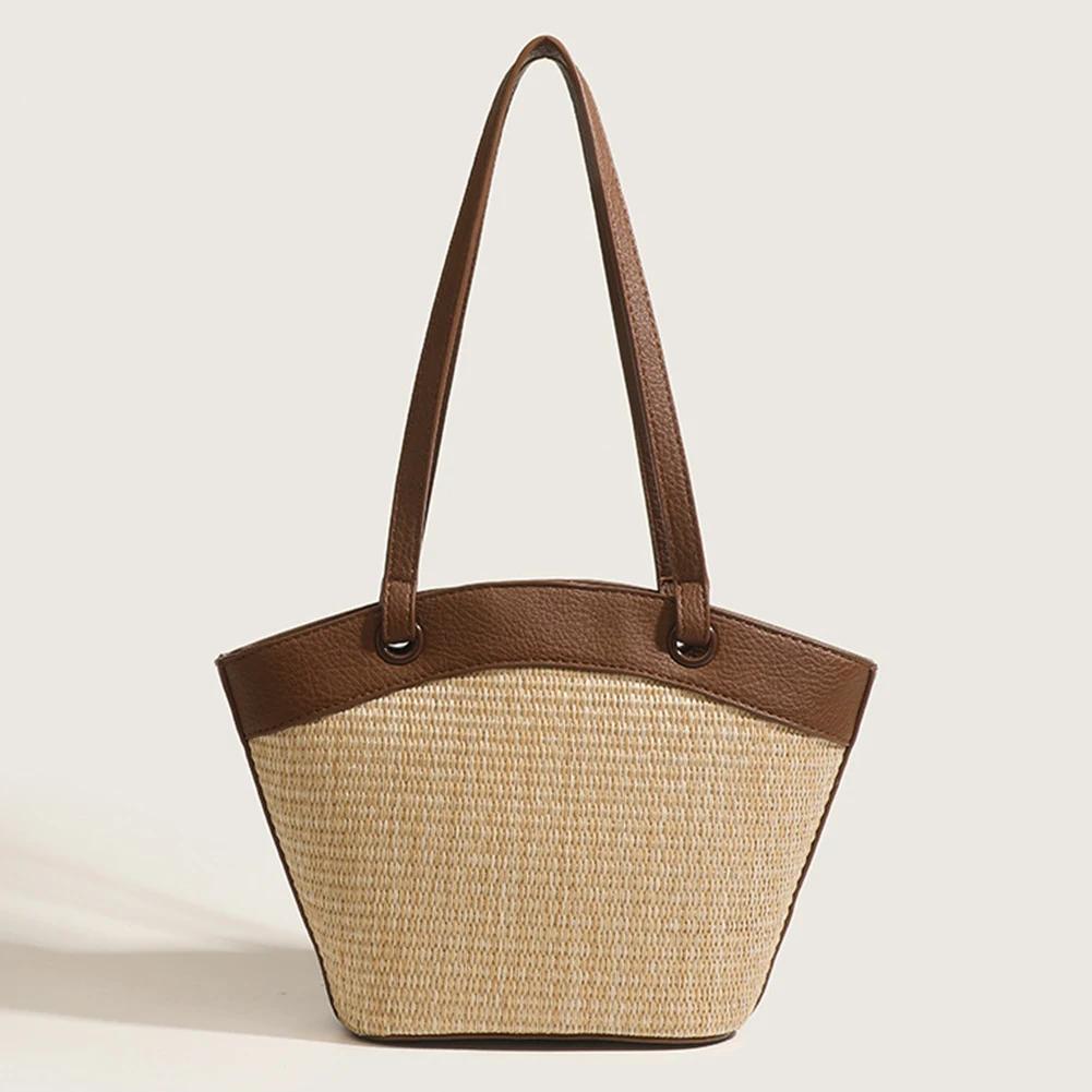 

Women Straw Woven Tote Bag Fashion Woven Handbag Large Capacity Handwoven Shoulder Bag Patchwork Vintage for Shopping Commuting коричневый