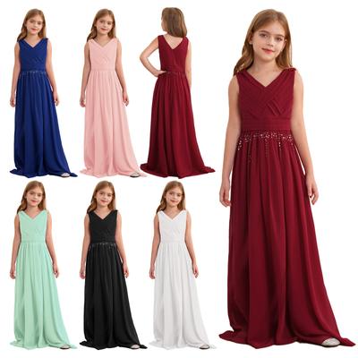 Mädchen Glänzendes Partykleid V-Ausschnitt Ärmellos Raffung Verflochtenes Chiffon Langes Kleid Perfekt für Blumenmädchen Hochzeit Cocktailkleid