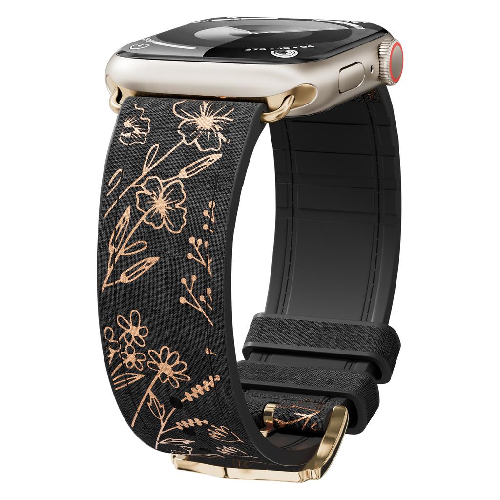 Leather+Silicone for Apple Watch Band 45mm 44mm 40mm 49mm 41mm 38mm Glossy Floral Bracelet Iwatch Series 9 8 7 Se Ultra 2 Strap