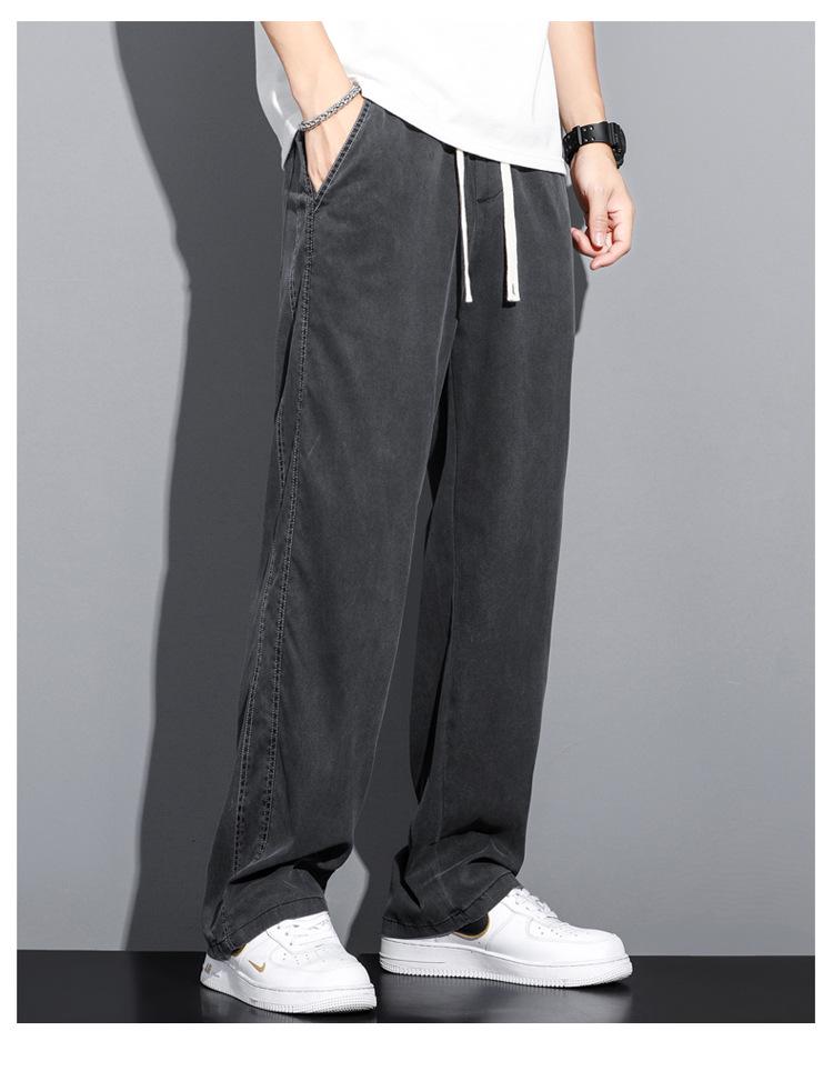 Men's Summer Tencel Jeans: Lightweight, Loose-Fit Straight-Leg Drawstring Sports Shorts, Trendy Workwear Casual Nine-Point Pants