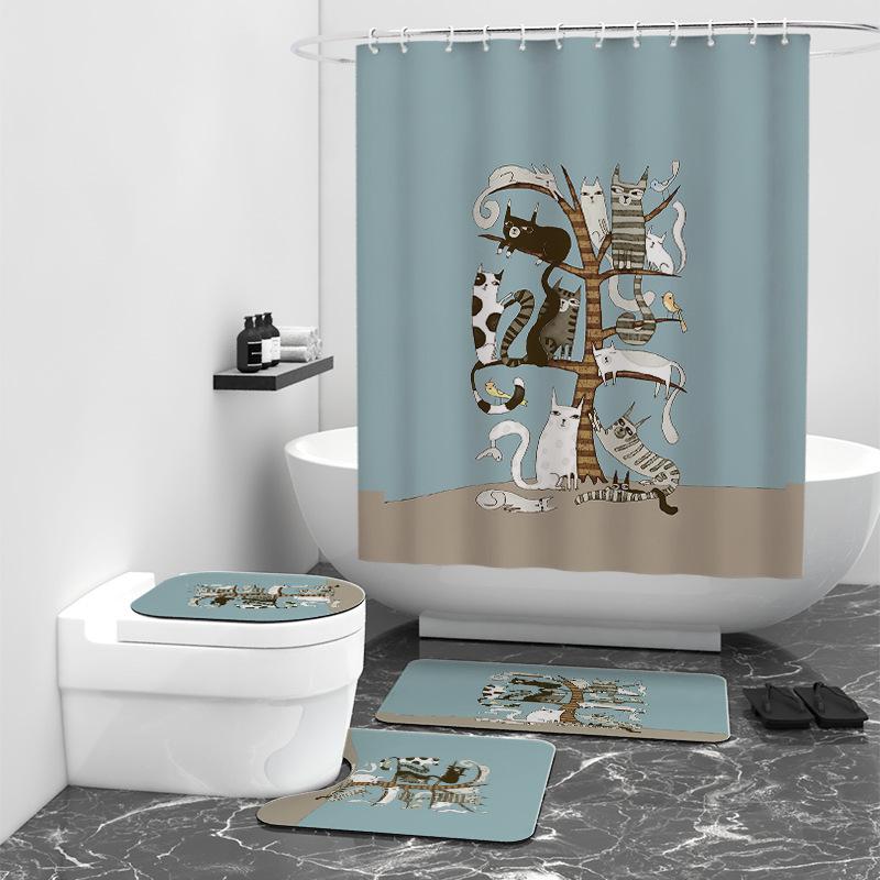 

Simple Cat Digital Printing Shower Curtain Sanitary Shower Four-Piece Bath Set Floormat40x60cm