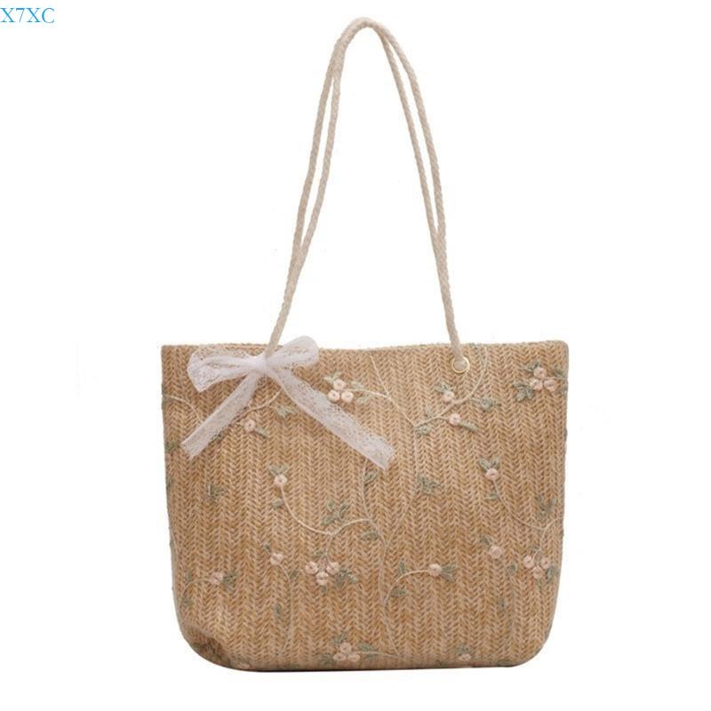 X7XC Fashionable Straw Beach Bag with Lace Bows Spacious Embroidery Shoulder Handbag white flowers хаки