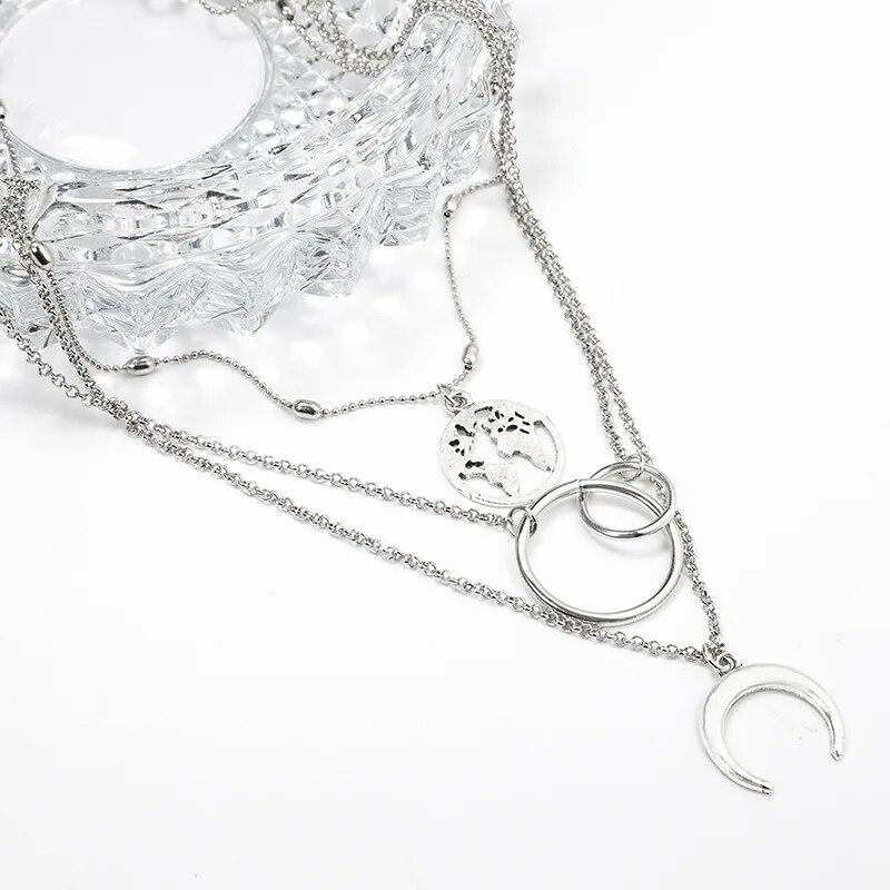 Vintage Bohemia Coin Letter Layered Chain Necklace For Women Shell Pearl Moon Long Choker Collar Pendant Butterfly Necklace