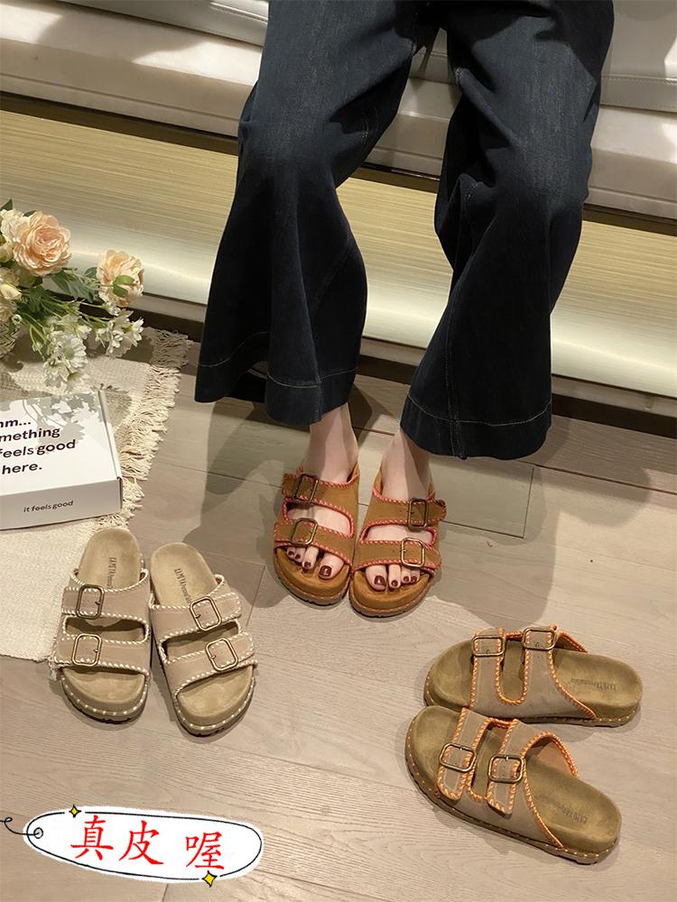 Fashion 2025 New Summer Slippers Split Leather Shoes Retro Flats Slip-on Sandals Beach Slides Leisure Walking Shoes Zapatos Para Mujer