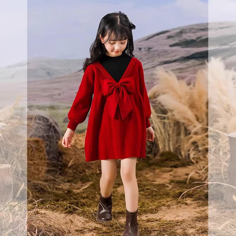 Girls' Red Faux Two-Piece Knitted Dress, 2025 Style, Autumn/Winter Fashion for Big Girls