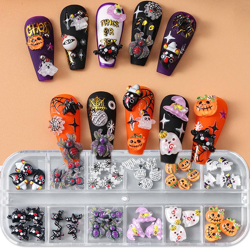 12 Grids Cute Spooky Ghost Pumpkin Nail Art Decorations Spider Bat Halloween Gothic Design Nail Art Jewelry Manicure Accessories