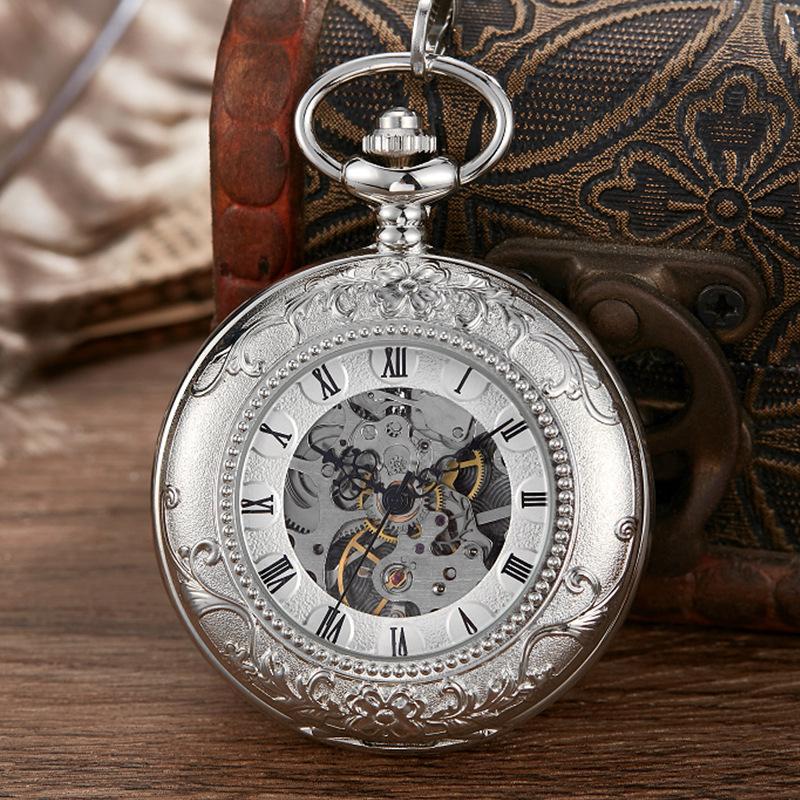 Classic Vintage Double Open Engraved Flip Roman Numerals Large Semi-Automatic Pocket Watch