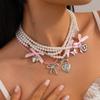 Fresh Y2K Strawberry Pendant Necklace with Faux Pearl Beaded Choker
