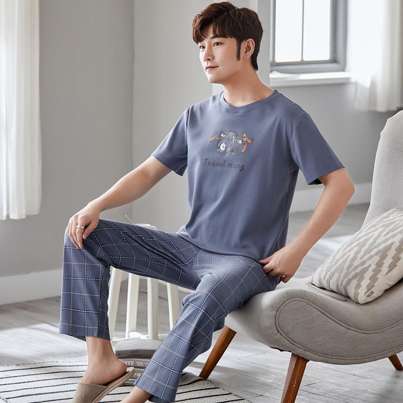 

Мужская новая весенне-летняя пижама, домашняя одежда, подростковые пижамы с короткими рукавами и длинными брюками, домашняя одежда, большие размеры, повседневная пижама для студентов 2XL