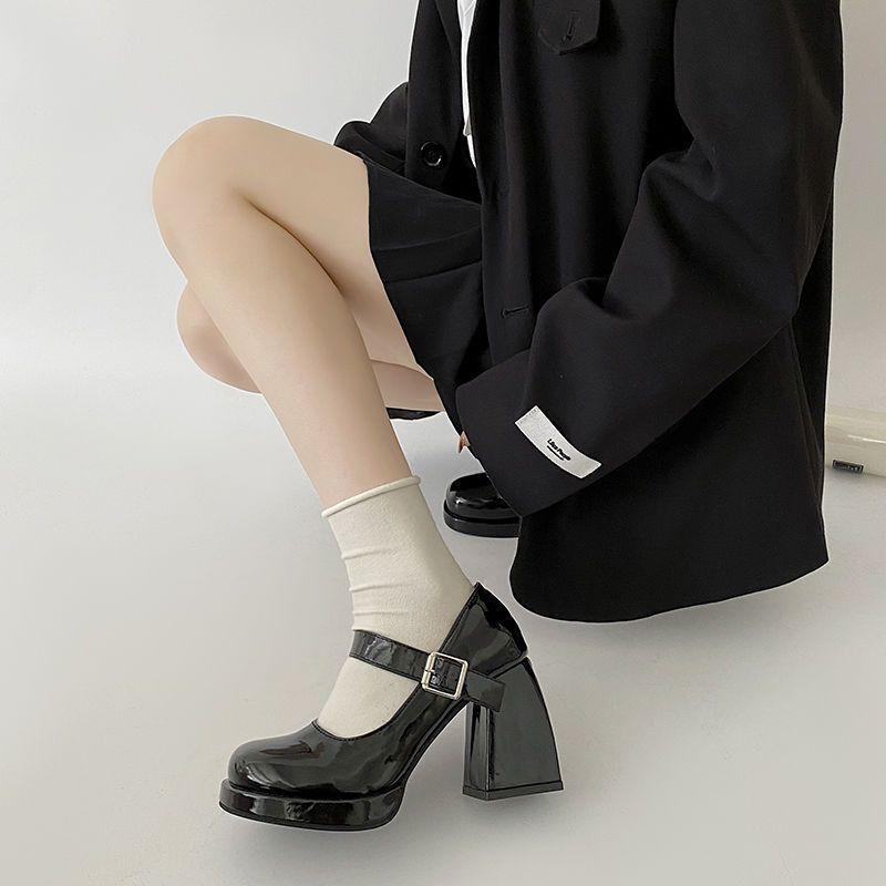 2025 spring and summer black light mouth women's single shoes with one-word buckle Mary Jane shoes trendy new thick heel temperament high heels