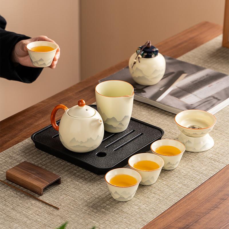 Retro high-grade Ru kiln ceramic teapot, Kung Fu tea set, teacup, tea tray, light luxury household tea making set, high-end gifts