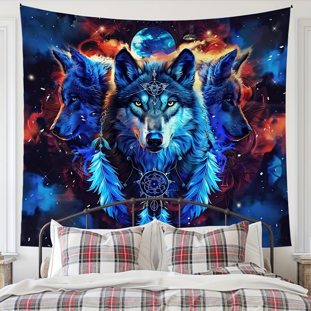 VIKAMA Fantasy Wolf Totem Tapestry Three Wolves Planet Feather Decor Nordic Bohemian Style Living Room Decor Room Accent
