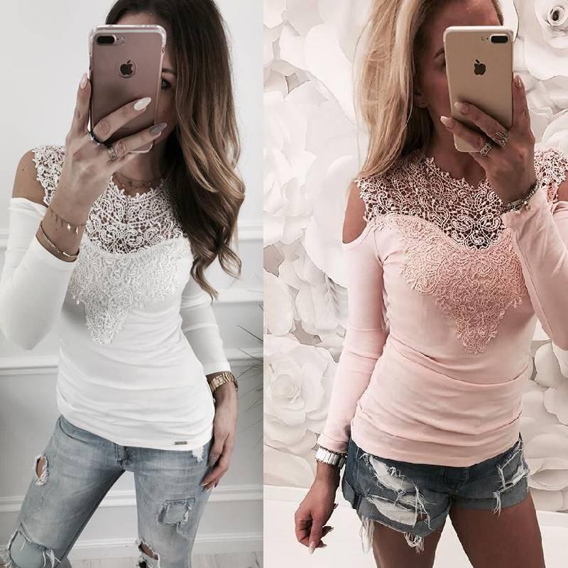 Elegant Spring Collection Sexy Lace Shoulder Cutout Cotton T-shirt Top In Gray Pink White And Black
