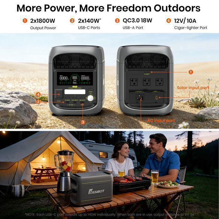 Centrale électrique portable - FOSSIBOT - F1800 - 1024Wh - 1800W (pic 2700W) - Charge rapide 0–80% en 49 min
