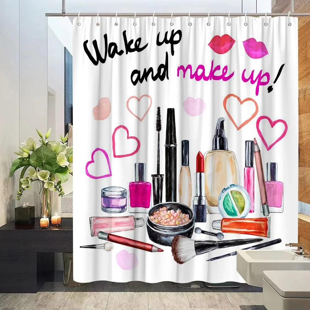 Cosmetic Perfume and Floral Shower Curtain and Rug Bathroom Set Flowers Heels Lipstick Home Cloth Hanging Curtain Bathroom Decor