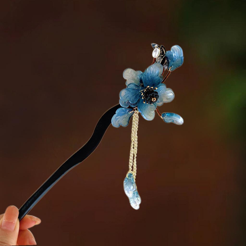 Blue Glazed Wooden Flower Hairpin for Women - High-End Chinese Style Headdress
