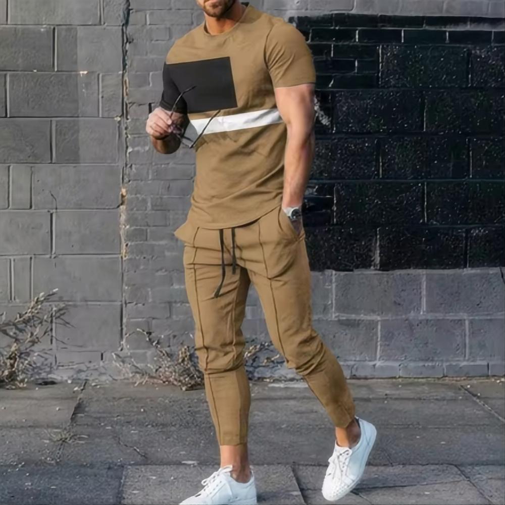 Men's Sports Set Jogging Suit Printed Summer Fashion Fun Short Sleeved Men's T Shirt Pants Set