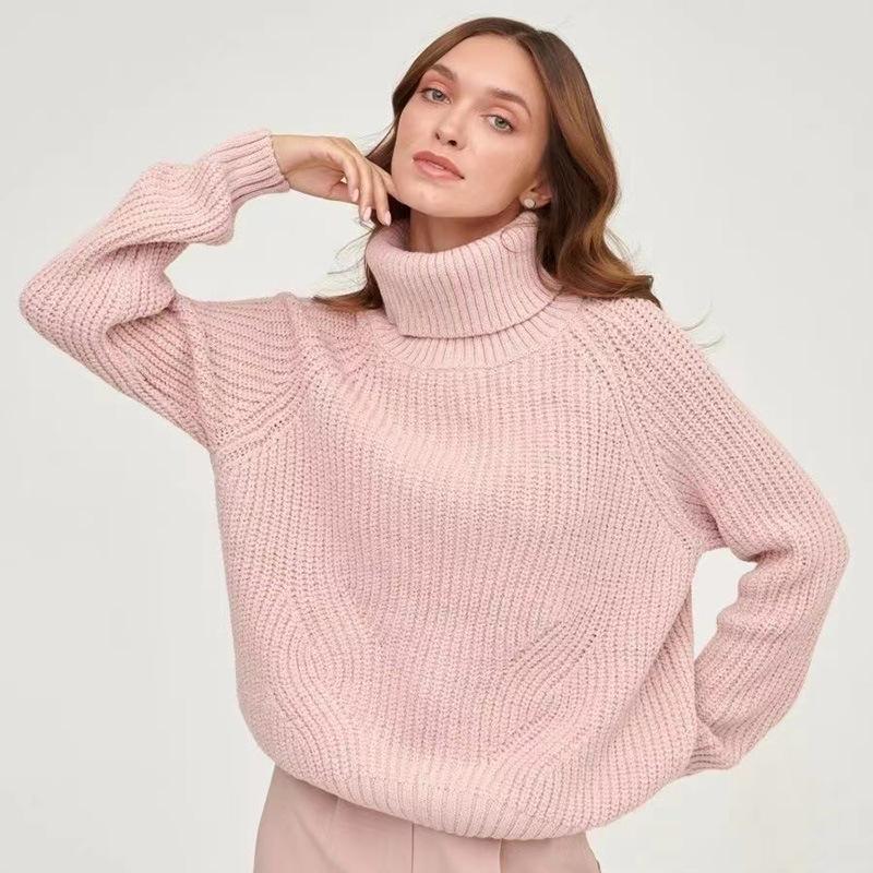 High Neck Sweater, Women's Knitted Loose New Style, High Neck Thickened Autumn and Winter Sweater, High Neck Solid Color Casual Medium Long Sweater