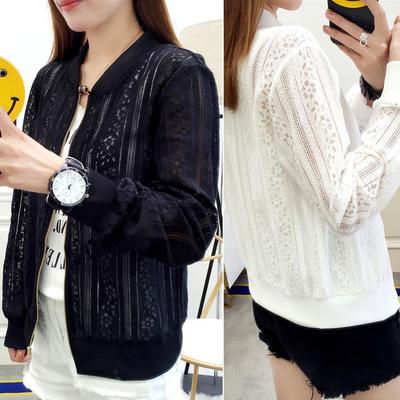 Camisa de encaje de manga larga de verano, ropa de playa con protección solar, abrigo de uniforme de béisbol corto y ajustado con cremallera, ropa de moda para mujer