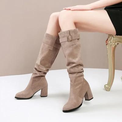 Fashion Female Shoes On Sale 2024 High Quality Sleeve Women's Boots Winter Pointed Toe Suede Solid High Tube Chunky Heels Fashion Boots