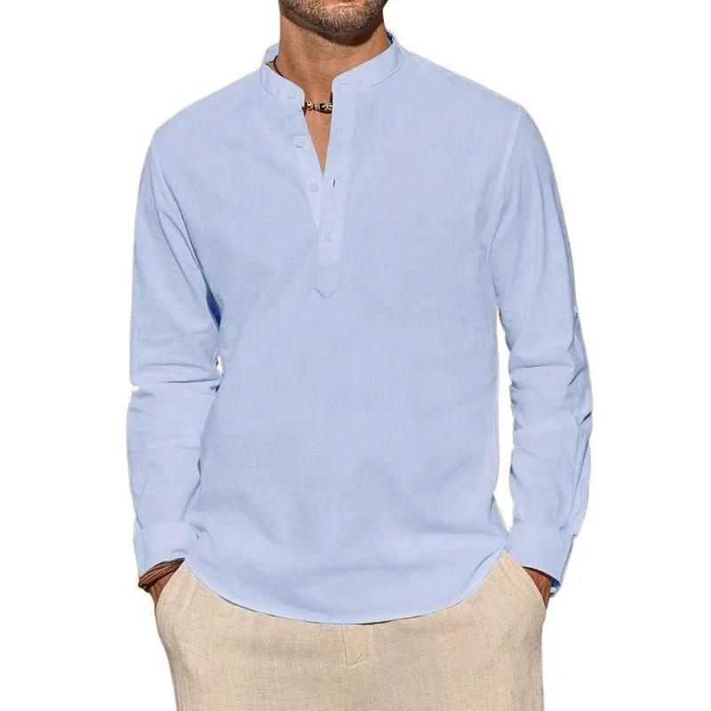 Herr Långärmade T-shirts Casual Lätt Andningsbar Henley-hals Enfärgade Toppar Hawaiiansk Semester Strandstil Knäppning Pikétröja