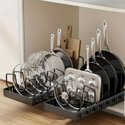 Support Organisateur Coulissant pour Couvercles de Casseroles, 2 Pièces Organisateur pour Casseroles et Poêles pour Sous Évier, Porte-Couvercles de Casseroles avec 8 Compartiments Réglables pour Placard de Cuisine