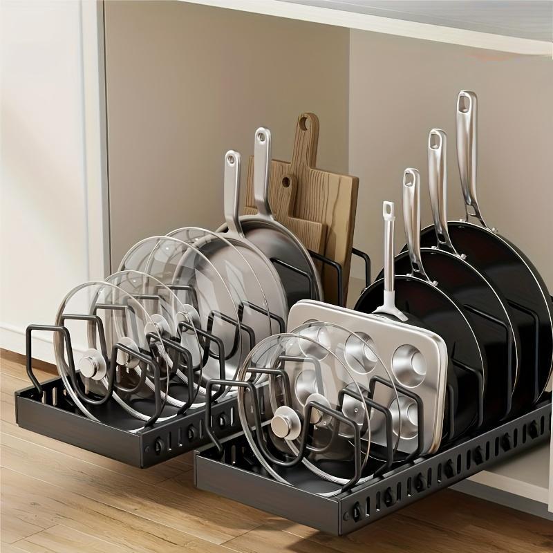 Pull Out Pot Lids Organizer Rack, 2pcs Pots and Pans Organizer for Under Cabinet, Pot Lid Holder with 8 Adjustable Compartment for Kitchen Cabinet