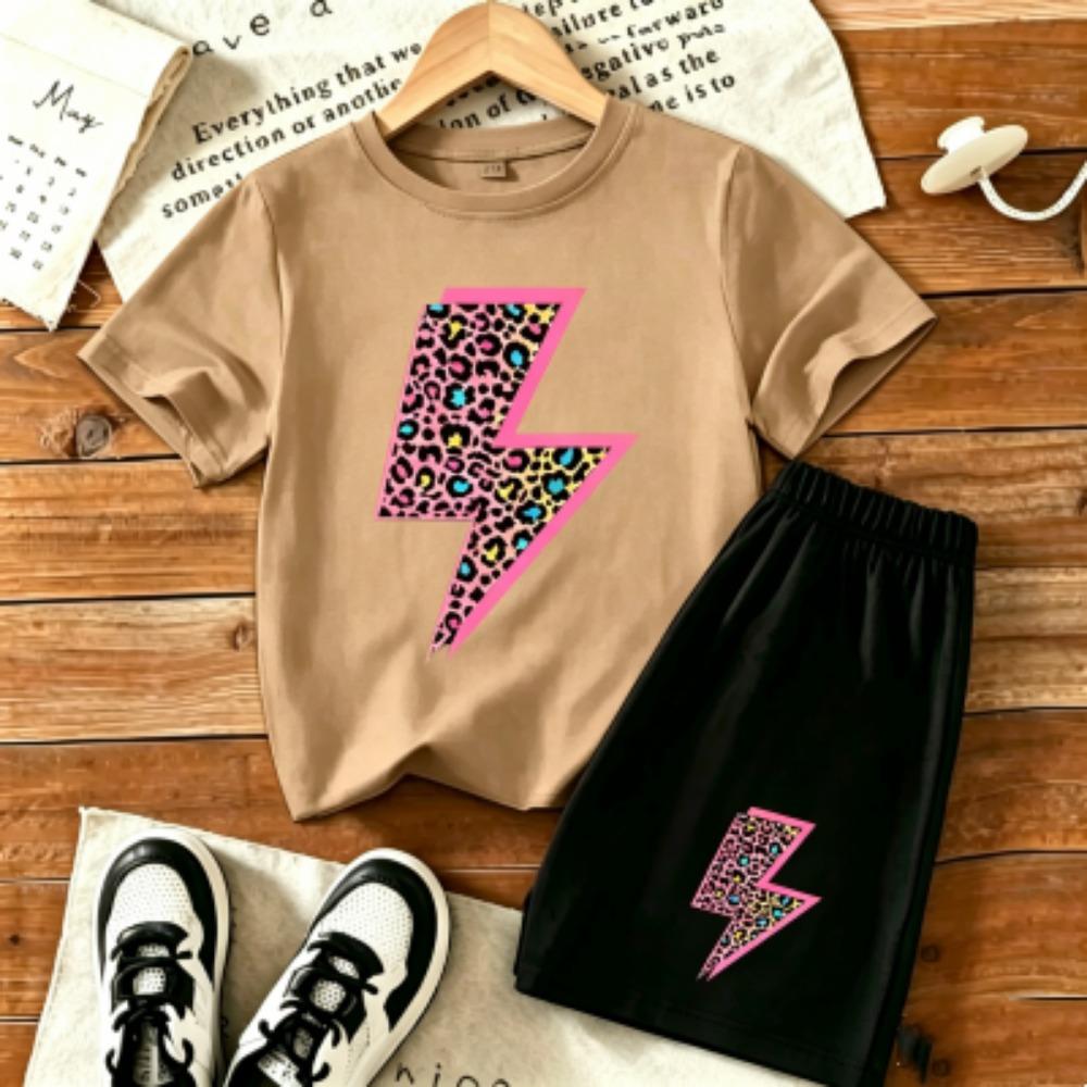 Kids Leopard Lightning Fun Printed 11 Colors Outdoor Street Kids T-shirt and Shorts 2 Piece Set Summer Home Casual Outfit Boy and Girl's Sports Set