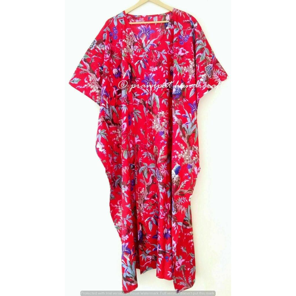 Indisches rotes langes Vogeldruck-Baumwoll-Hippie-Maxikleid für Damen im Boho-Stil, Nachtwäsche, Kaftan, CKFTN-SCRN-FULL-BUYIT-042