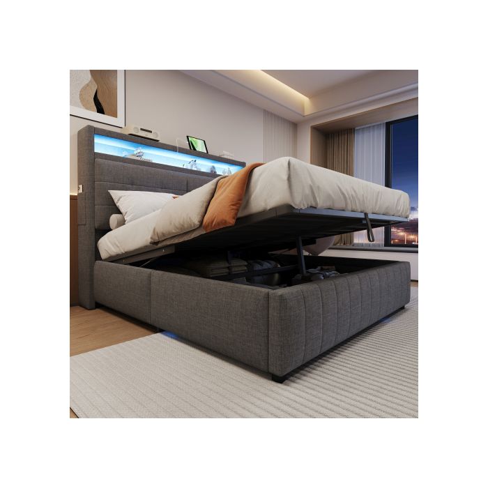 Lit Capitonné 160x200 Cm - MUVOE - Tête De Lit Avec Éclairage LED - Prise USB - Rangement Intégré