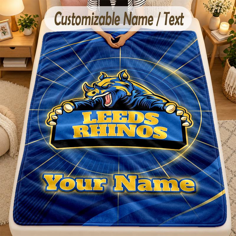 Flannel BlanketLeeds Rhinos Custom Name Text Personalized Soft Warm Throw Blanket Home Decor Gift