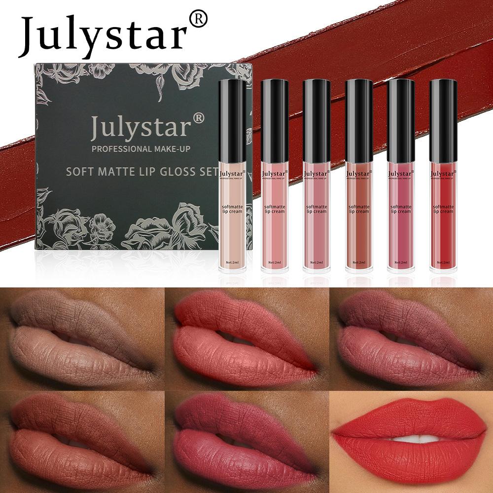 JULYSTAR Professional Soft Matte Lip Cream Set 6 Pieces Long-Lasting Waterproof Velvety Liquid Lipstick Nude Red Lip Makeup Gift Box for Women