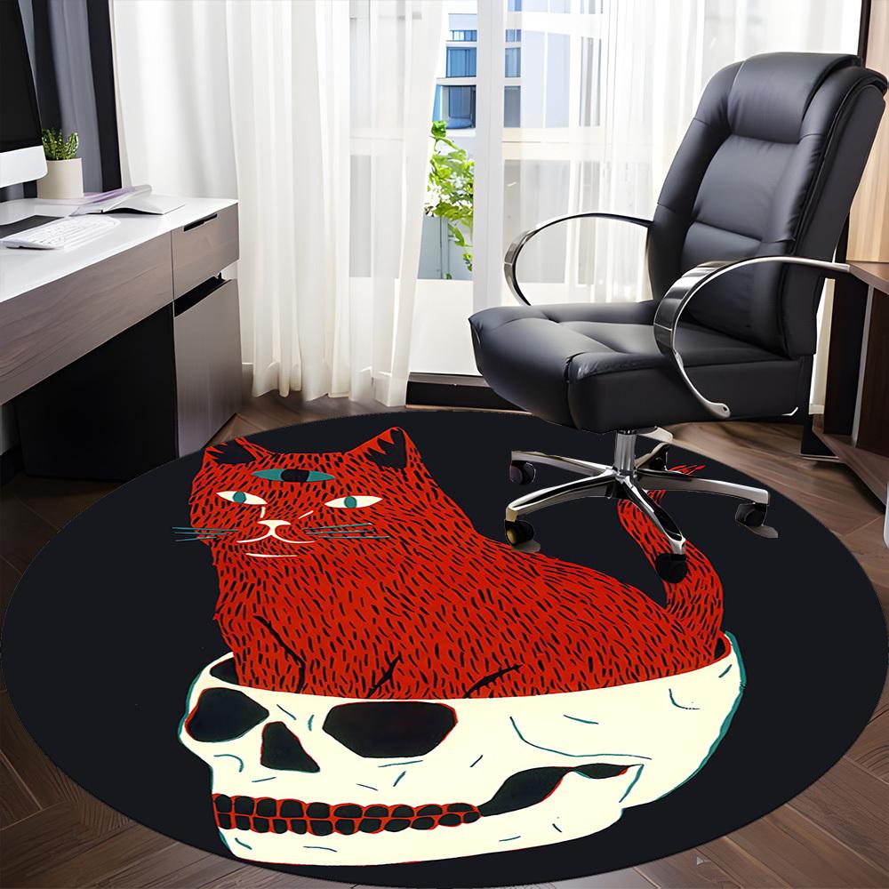 1PC Cat Skull Office Round Area Rug, Mat Suitable For Office, Under Office Chairs Bedroom Living Room Home Decor, Room Deco
