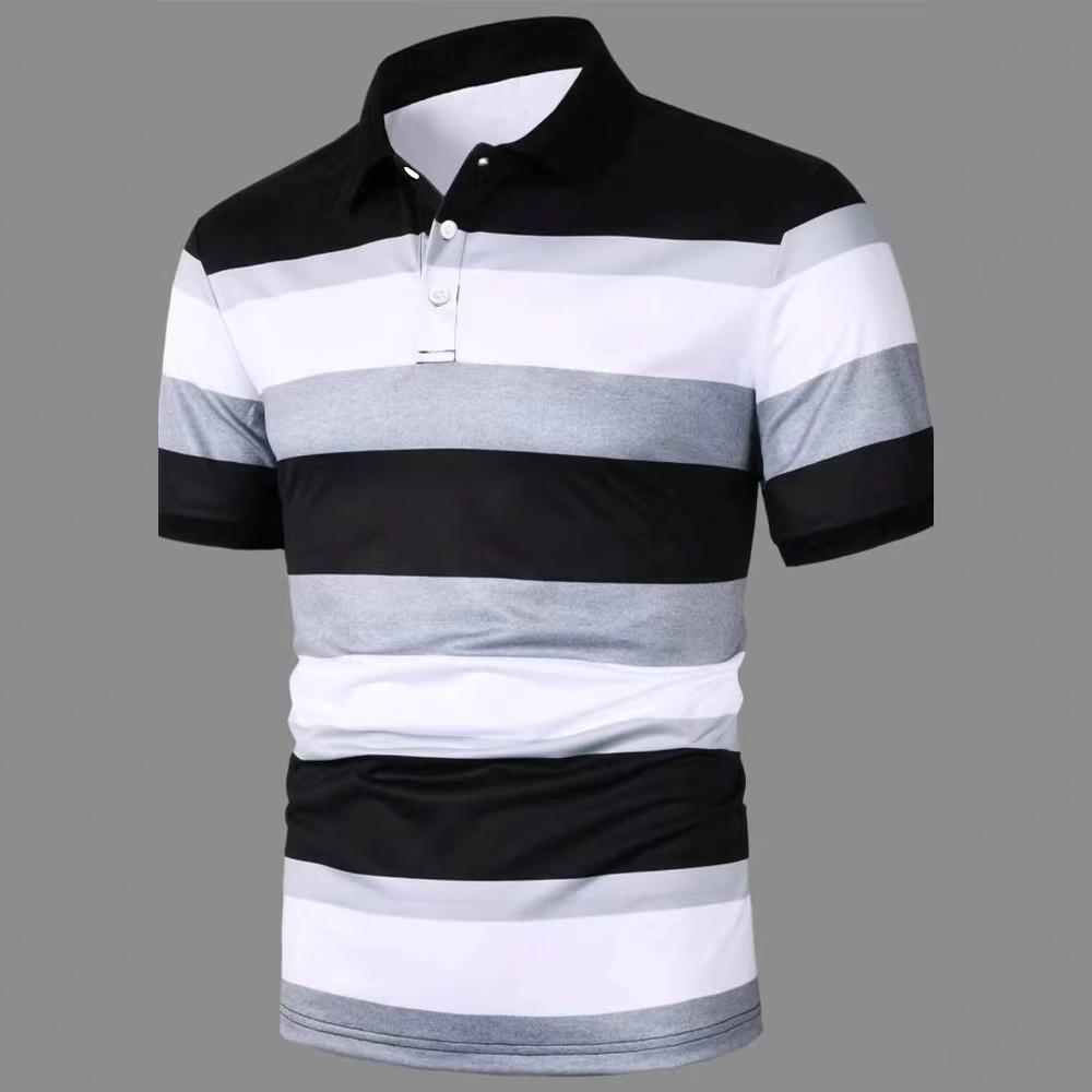 Sommarherr Ny Kortärmad Randig Pikétröja Herr Affärs Casual Krage Golf Pikétröja Toppar 100% Polyester